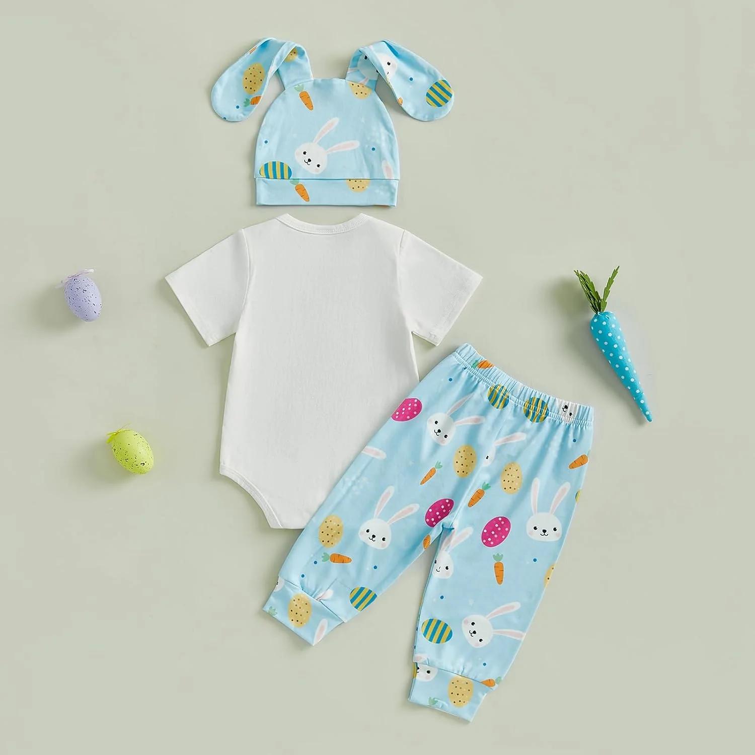 FYBITBO Newborn Boy Easter Clothes My 1st Easter Baby Boy Outfits Bunny Romper Onesie Pants Hat Infant Boy Clothing Sets