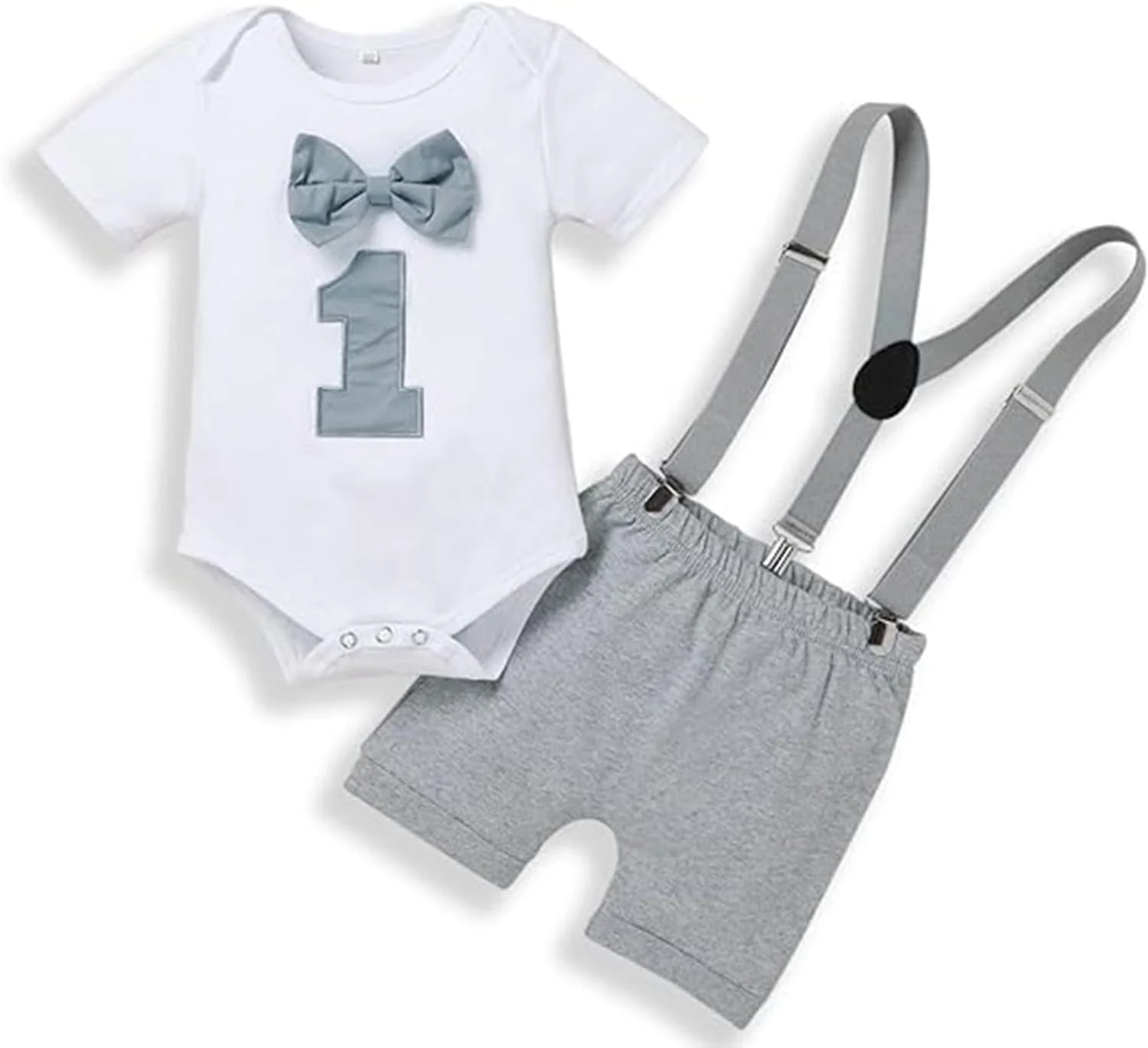 ست لباس پسرانه برای جشن تولد یک سالگی اکسفور - شامل پاپیون، بند شلوار و شورت، سایز 80 سانتی متر