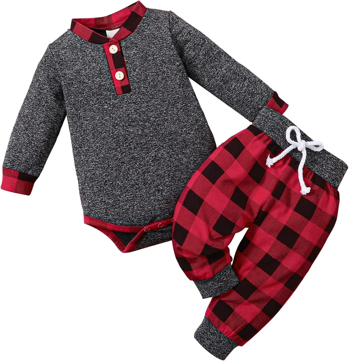 لباس نوزادی پسرانه FOCICI، ست لباس های پاییزی و زمستانی نوزاد پسر شامل رامپر آستین بلند دکمه دار و شلوار چهارخانه، 2 تکه