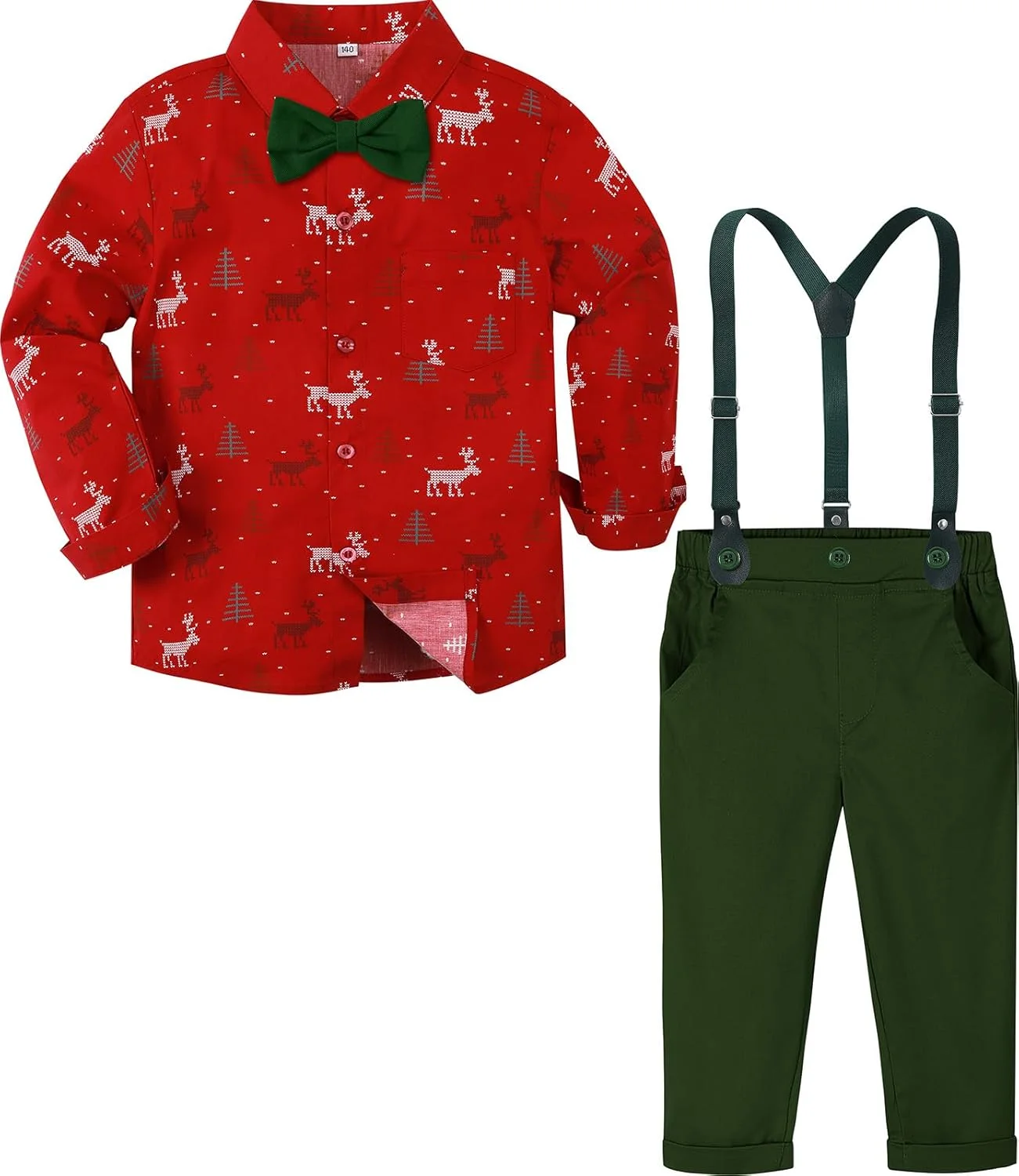 ست لباس پسرانه بچه گانه نعنایی، 4 تکه، مناسب کریسمس، شامل پیراهن و ساسپندر، سایز 1 تا 6 سال