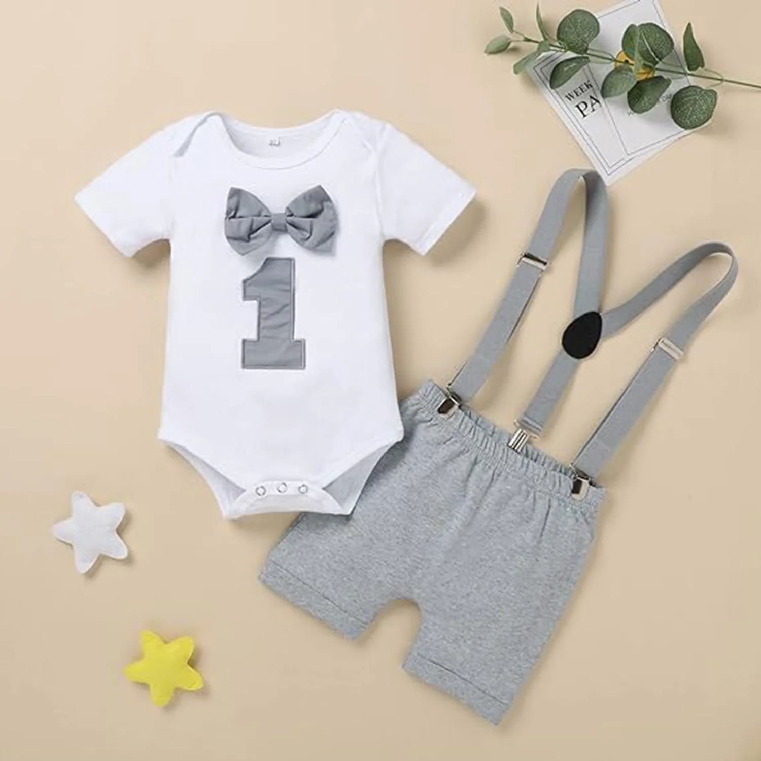 ست لباس پسرانه برای جشن تولد یک سالگی اکسفور - شامل پاپیون، بند شلوار و شورت، سایز 80 سانتی متر