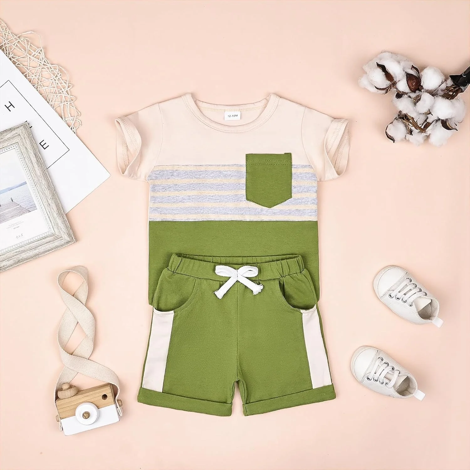 FOCUTEBB لباس پسرانه نوپا، ست تی شرت آستین کوتاه و شورت تکه دوزی شده لباس تابستانی پسرانه 12M-5T