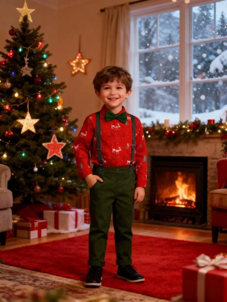 ست لباس پسرانه بچه گانه نعنایی، 4 تکه، مناسب کریسمس، شامل پیراهن و ساسپندر، سایز 1 تا 6 سال