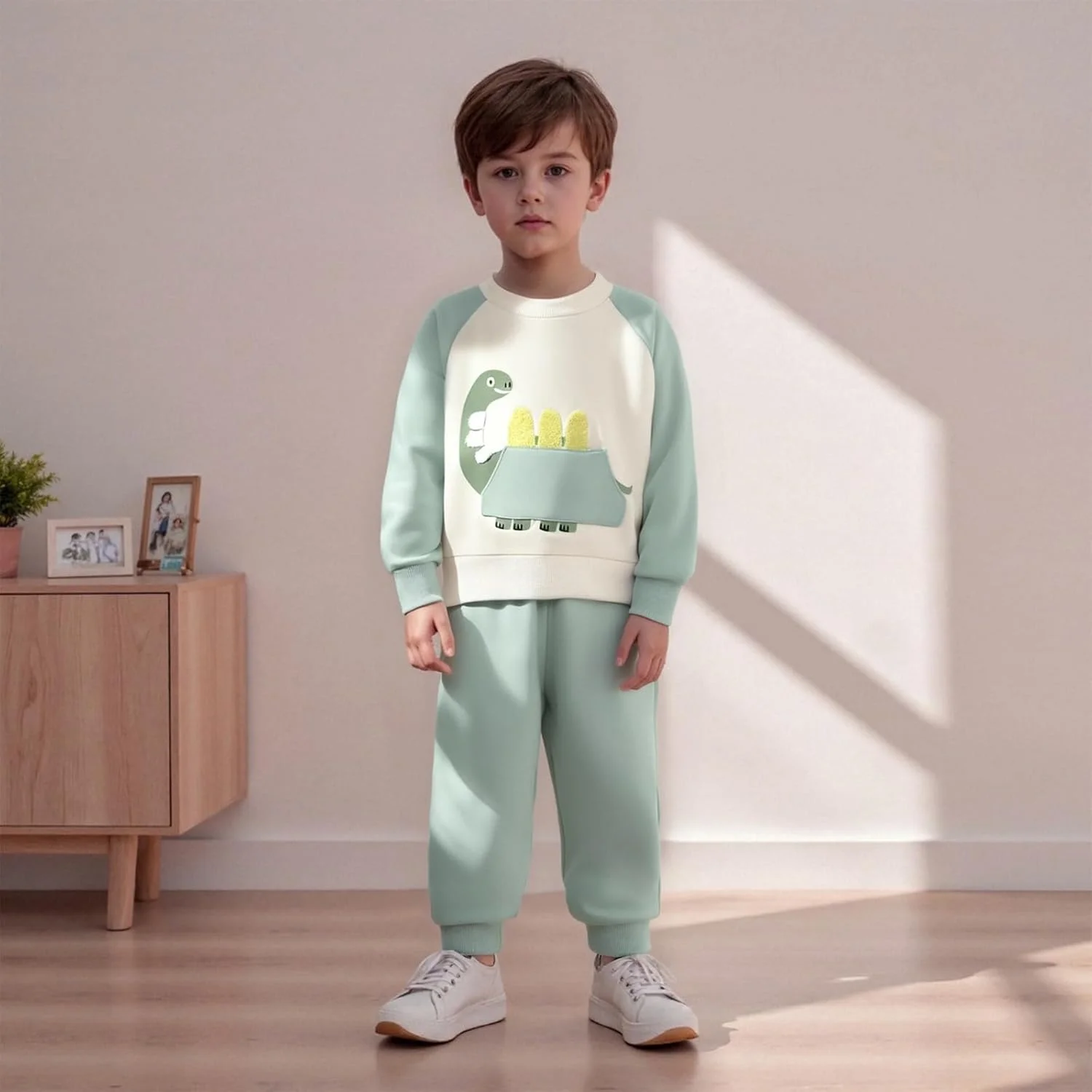 ست لباس پسرانه طرح دایناسور، بلوز آستین بلند و شلوار، لباس نوزادی مناسب پاییز و زمستان