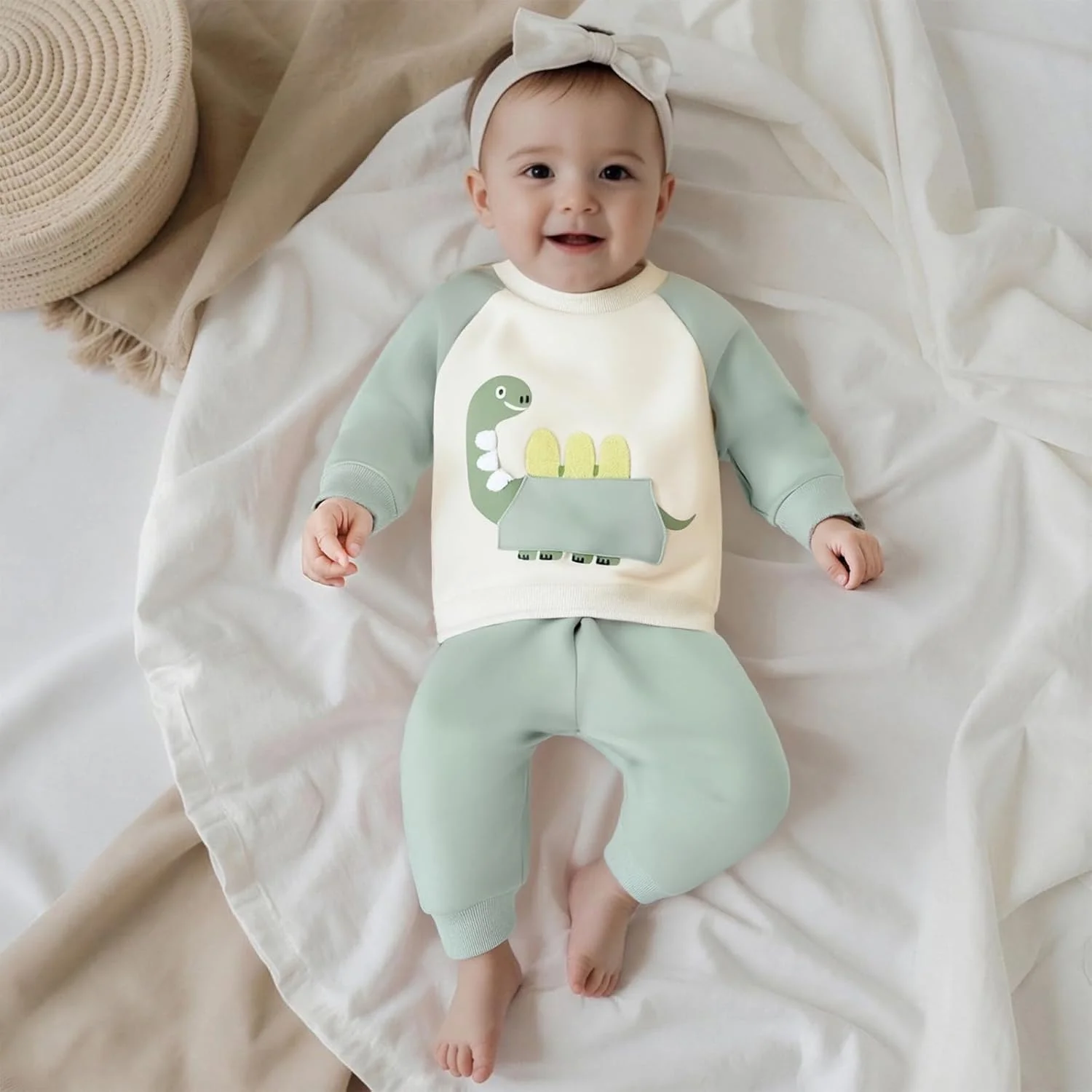 ست لباس پسرانه طرح دایناسور، بلوز آستین بلند و شلوار، لباس نوزادی مناسب پاییز و زمستان