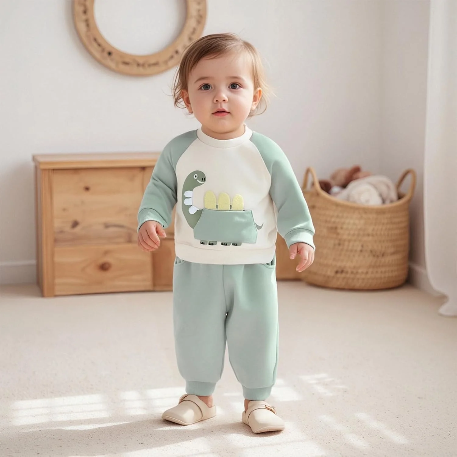 ست لباس پسرانه طرح دایناسور، بلوز آستین بلند و شلوار، لباس نوزادی مناسب پاییز و زمستان