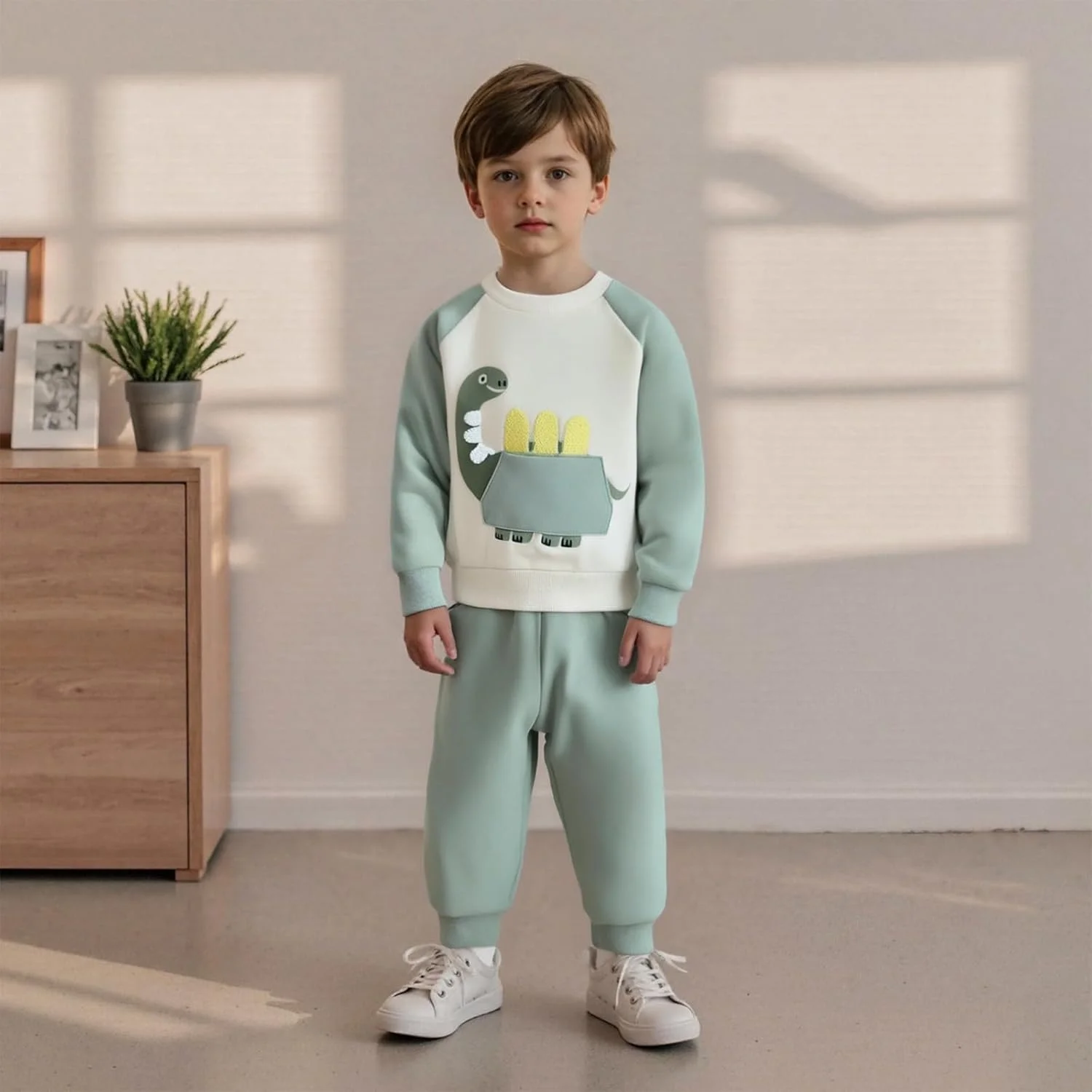 ست لباس پسرانه طرح دایناسور، بلوز آستین بلند و شلوار، لباس نوزادی مناسب پاییز و زمستان
