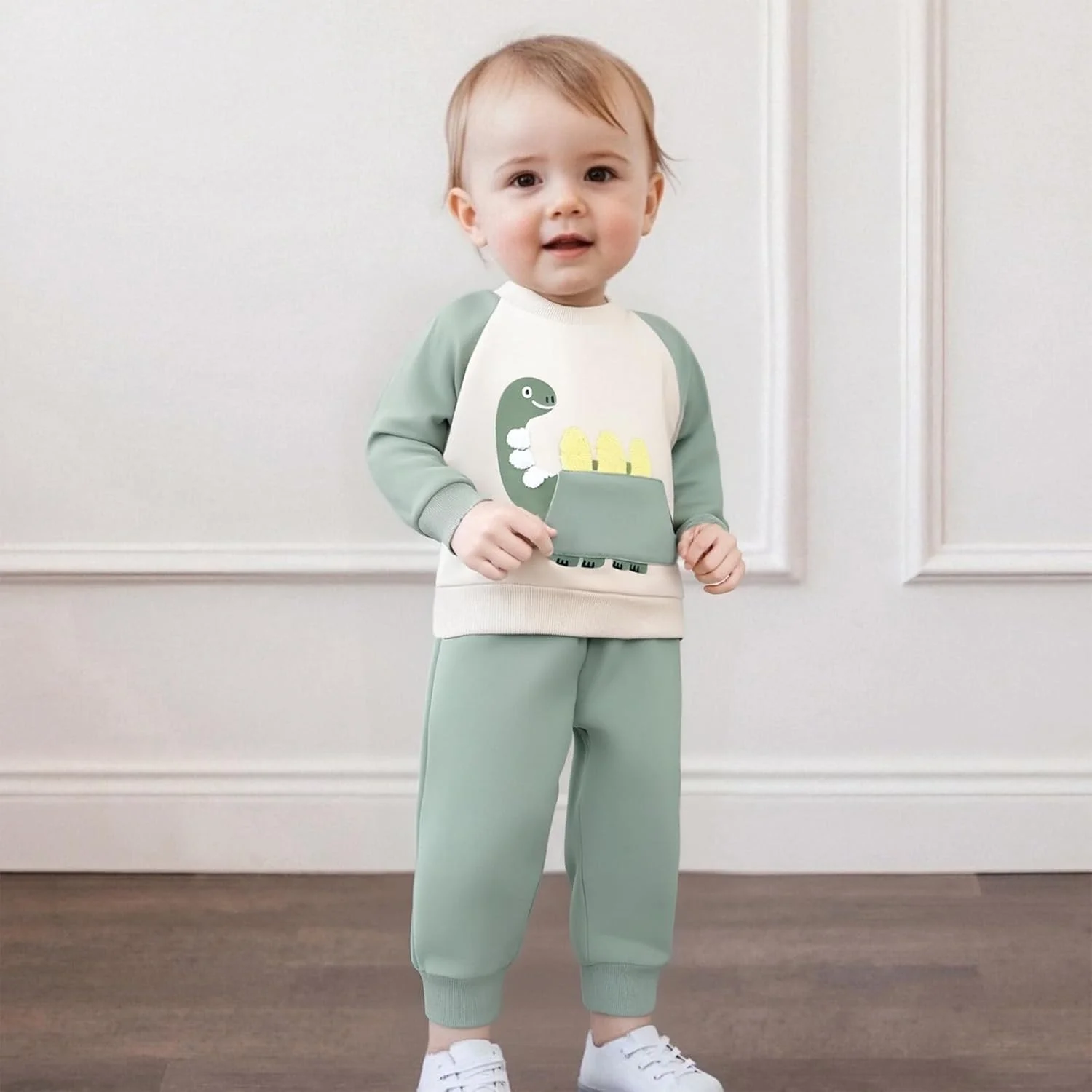 ست لباس پسرانه طرح دایناسور، بلوز آستین بلند و شلوار، لباس نوزادی مناسب پاییز و زمستان
