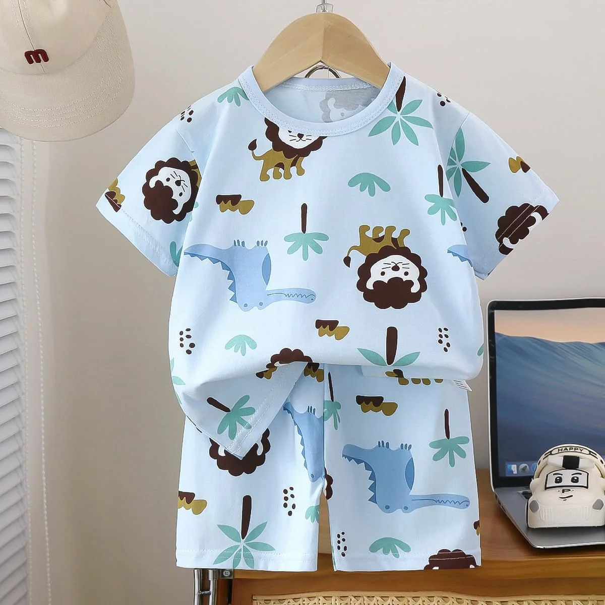 ست لباس تابستانی بچگانه DGs_DAD مدل 2025، طرح کارتونی، ست لباس نرم پسرانه (2-3 سال) 100% پنبه، آستین کوتاه، ست شلوارک و تیشرت آستین کوتاه، راحت و شیک (مورد علاقه پدر)