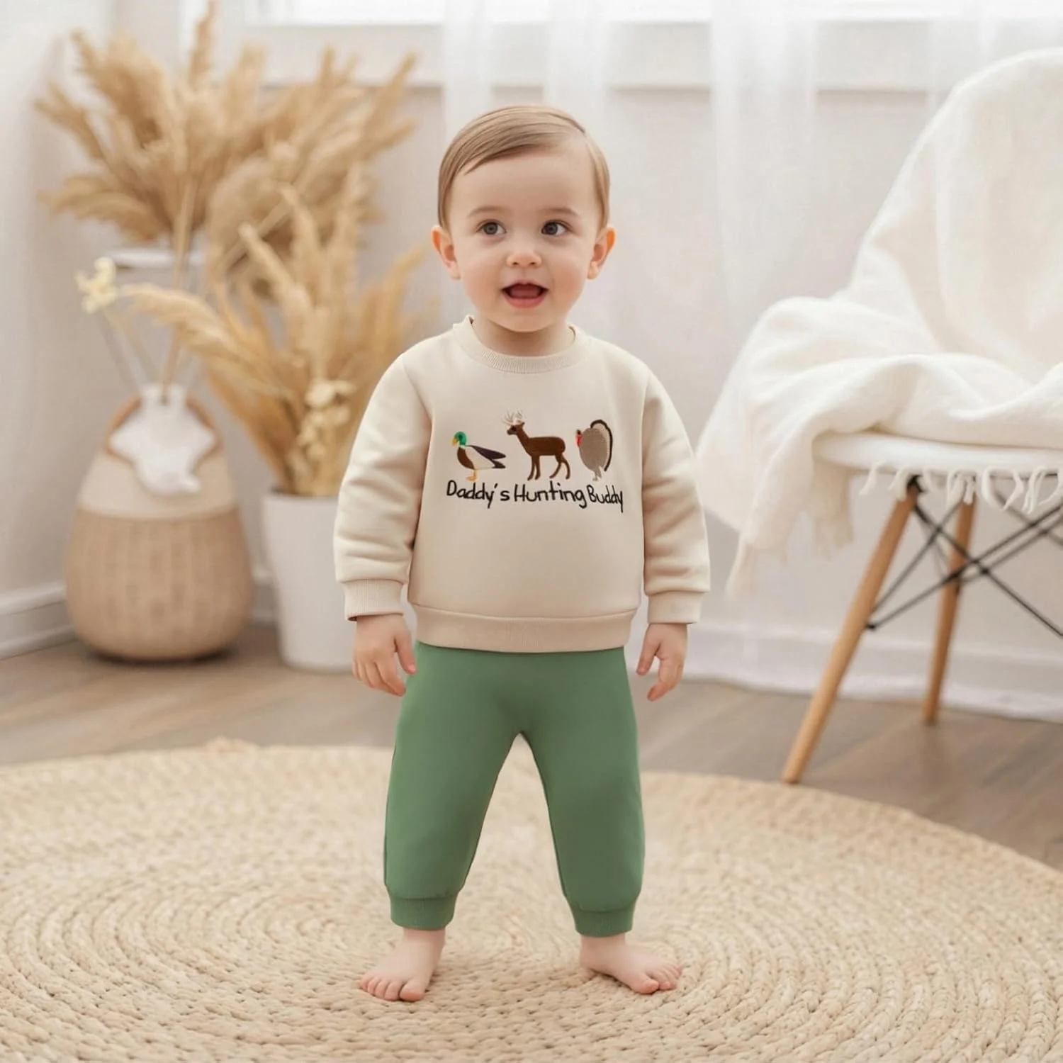 ست لباس پسرانه با طرح شکار، بلوز آستین بلند و شلوار، لباس نوزادی نرم پاییزی