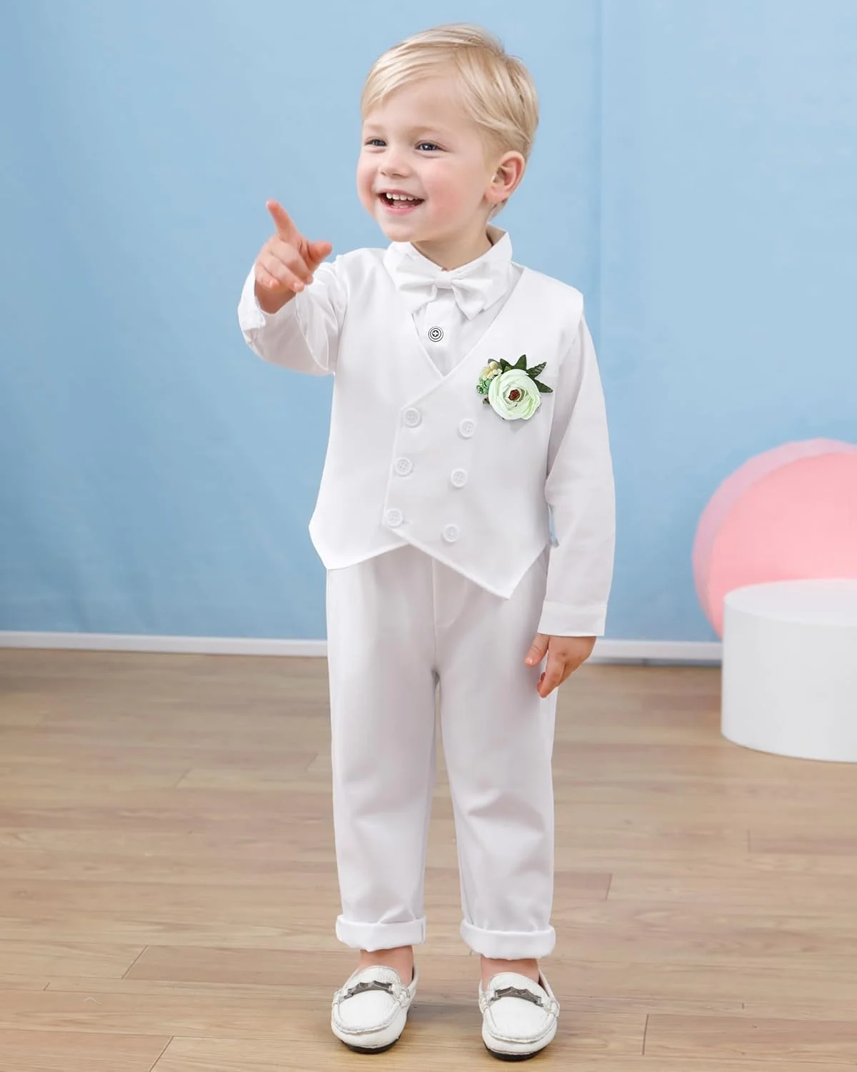ست لباس پسرانه نوزادی DISAUR، 5 تکه، شامل پیراهن، پاپیون، جلیقه، گل سینه و شلوار، مناسب برای مجالس عروسی
