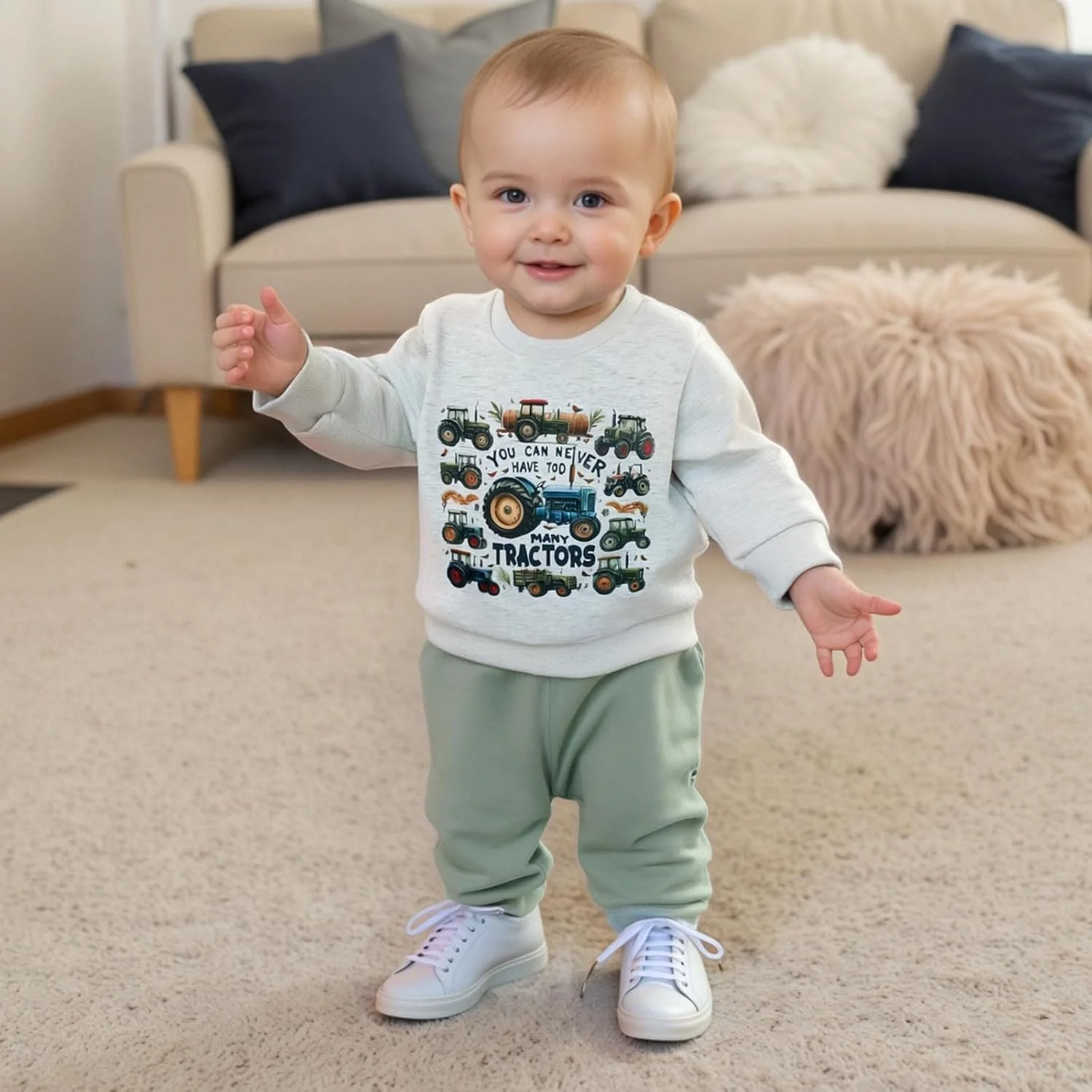 ست لباس دو تکه پسرانه شامل بلوز آستین بلند و شلوار با طرح تراکتور، مناسب نوزادان، گرم و نرم