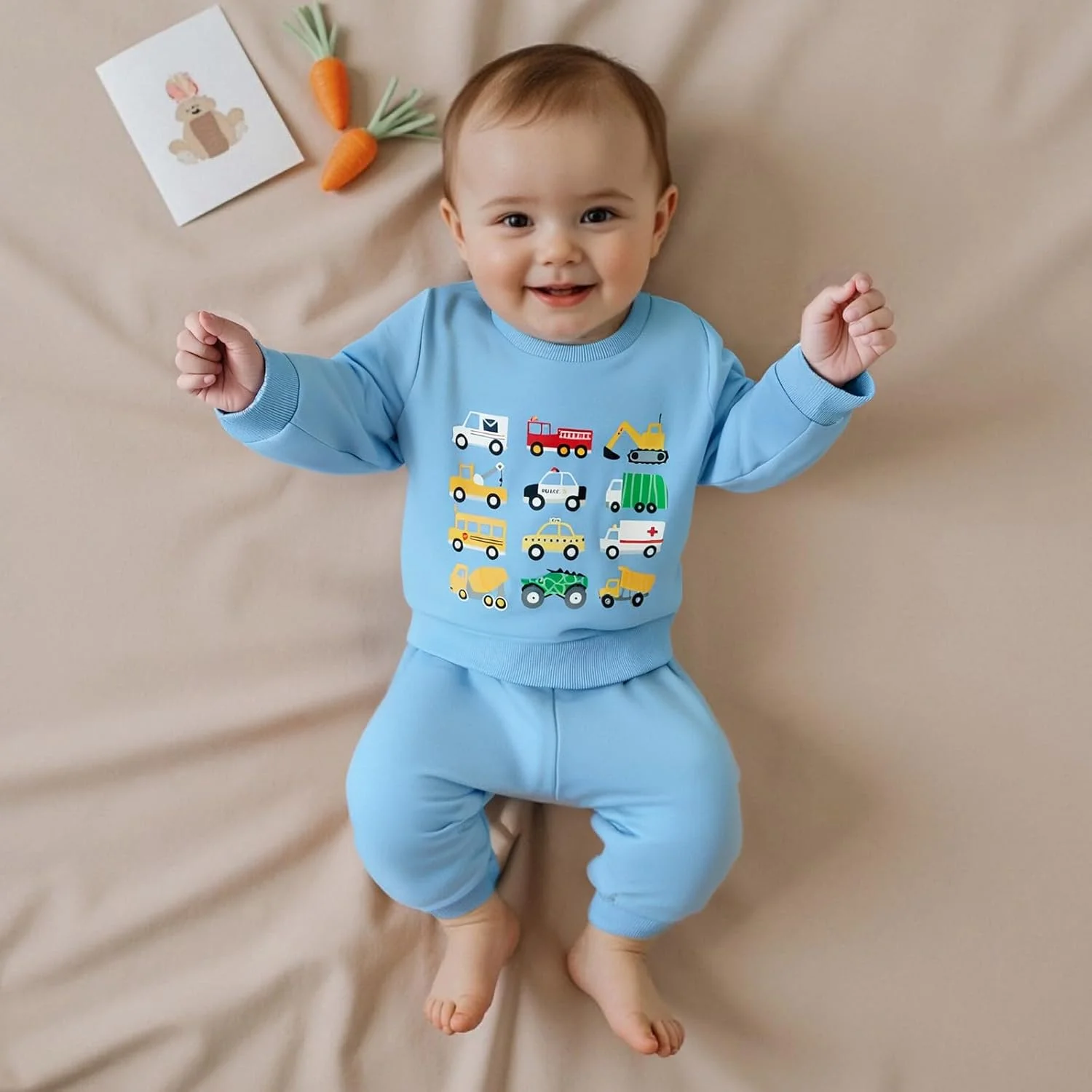 Baby Boys' Clothing Set, Tool Trolley Print, Long Sleeve Sweatshirt + Plain Trousers, Newborn Outfit for Baby Boys, Soft Baby Set