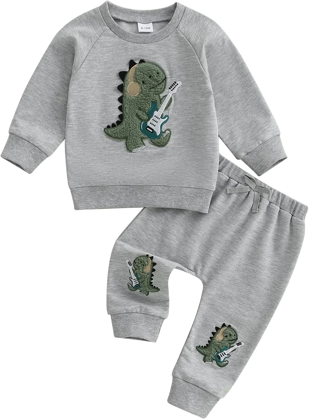 ست لباس پسرانه بچه گانه بلوز آستین بلند + شلوار طرح دایناسور گیتار لباس کودک نوپا ست لباس نوزاد