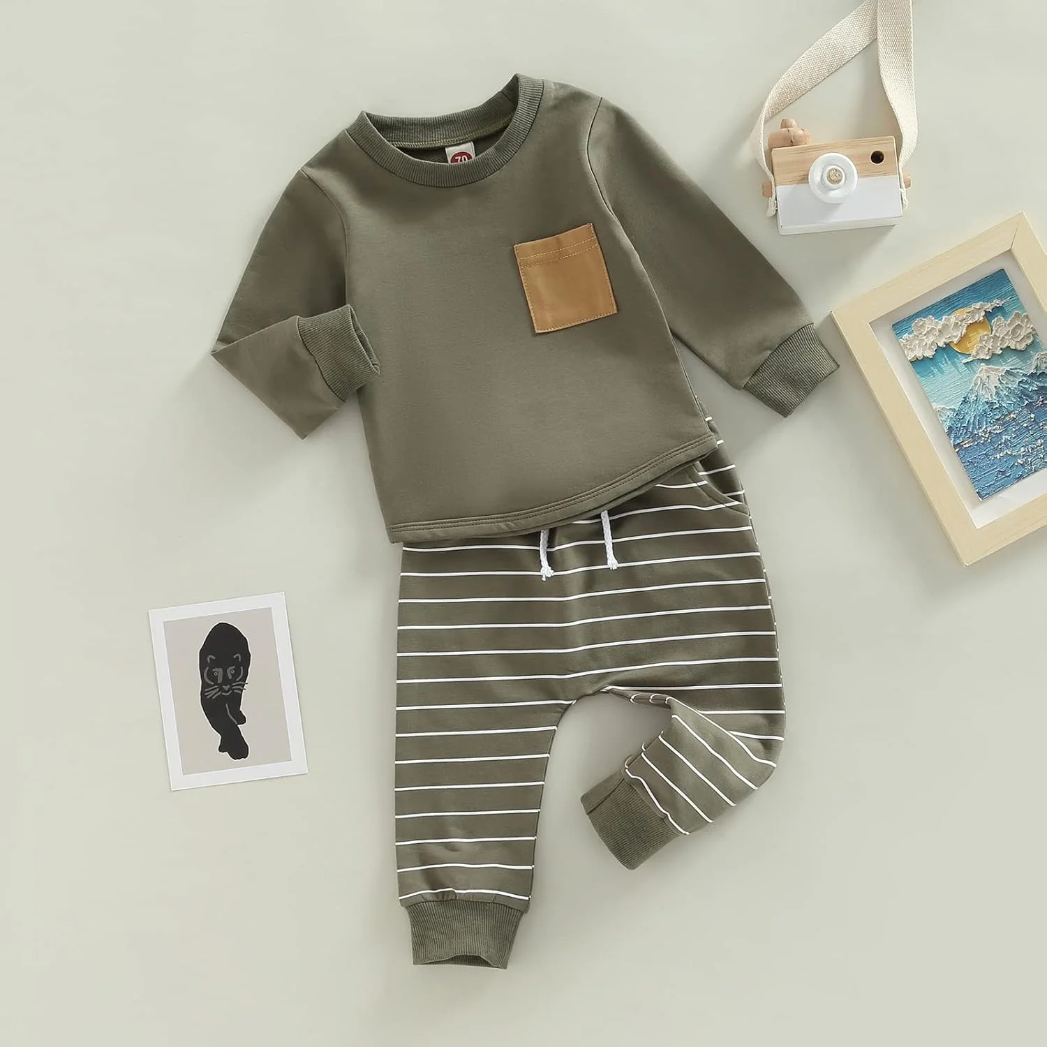 Baby Clothing Set Baby Boys Long Sleeve Shirt + Trousers Clothing Sets Toddler Crew Neck Sweatshirt and Trousers with Pockets Soft Outfit Set Two Piece Patchwork Winter Baby Set
