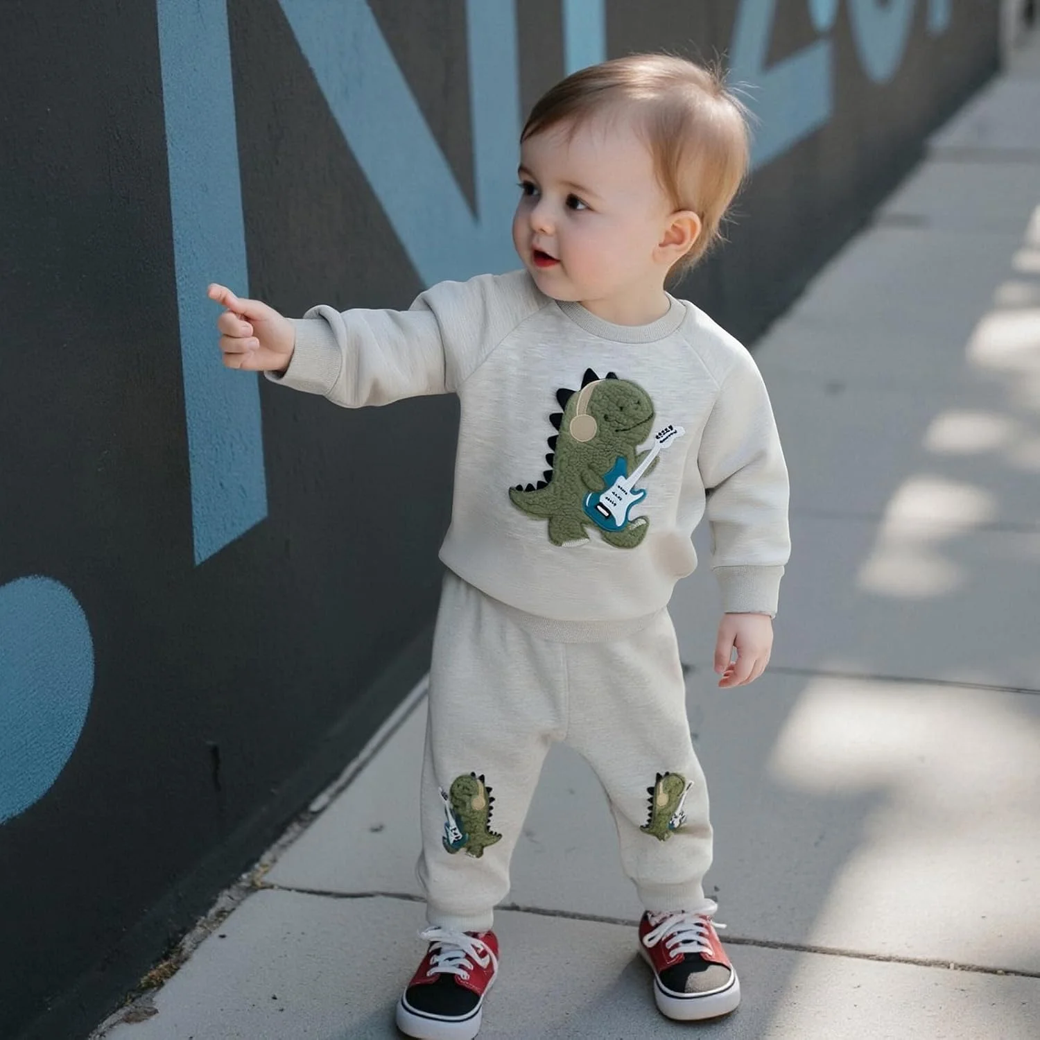 ست لباس پسرانه بچه گانه بلوز آستین بلند + شلوار طرح دایناسور گیتار لباس کودک نوپا ست لباس نوزاد