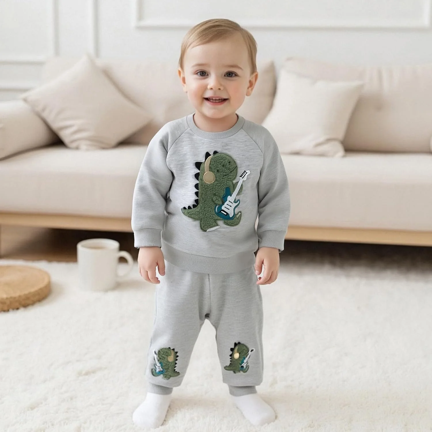 ست لباس پسرانه بچه گانه بلوز آستین بلند + شلوار طرح دایناسور گیتار لباس کودک نوپا ست لباس نوزاد