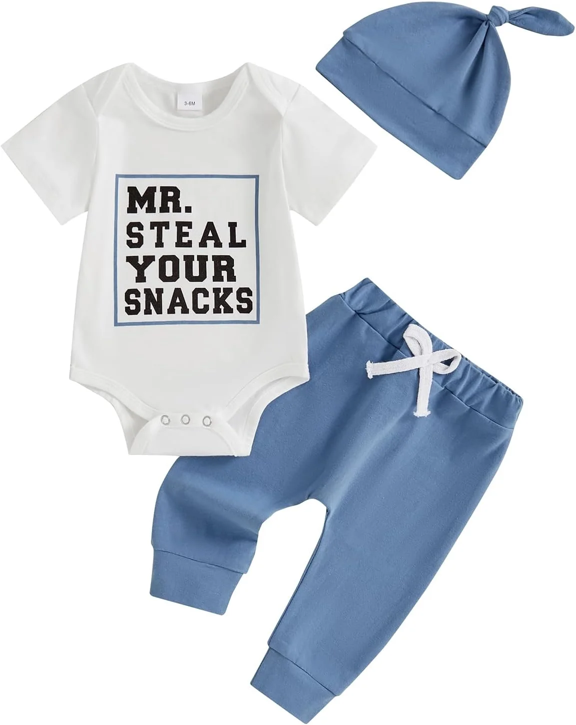 ست لباس نوزادی پسرانه Carolilly، چاپ حروف، آستین کوتاه، رامپر، شلوار و کلاه، 3 تکه