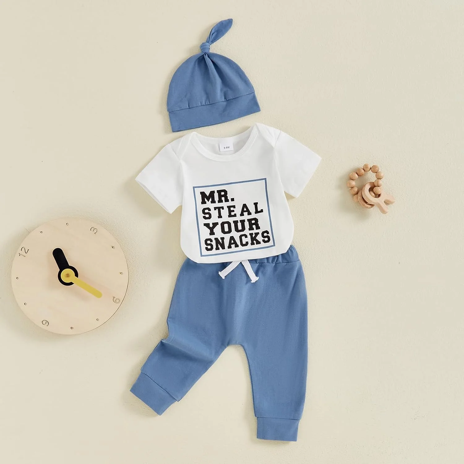 ست لباس نوزادی پسرانه Carolilly، چاپ حروف، آستین کوتاه، رامپر، شلوار و کلاه، 3 تکه