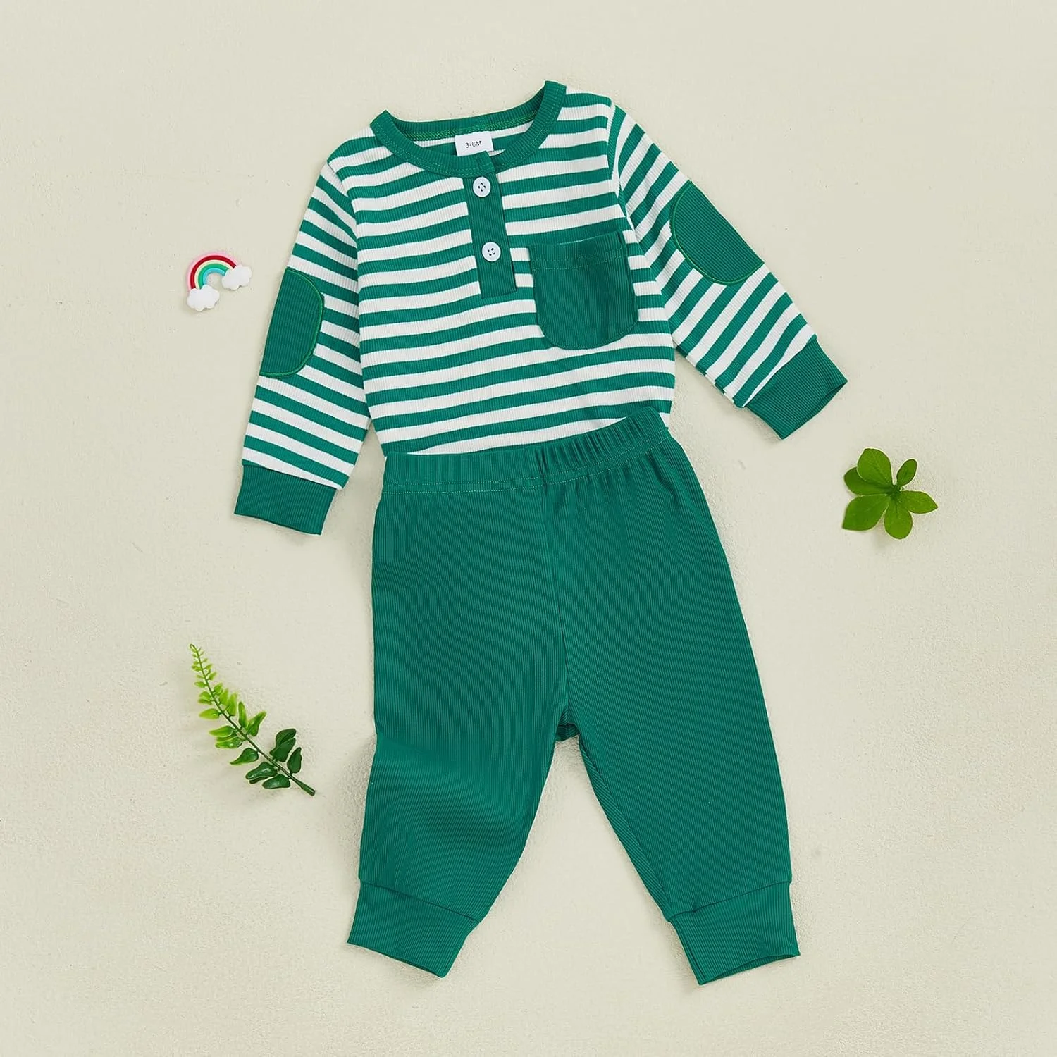 ست لباس نوزاد پسرانه Carolilly شامل رامپر آستین بلند دکمه دار راه راه + شلوار رنگ ثابت 2 تکه