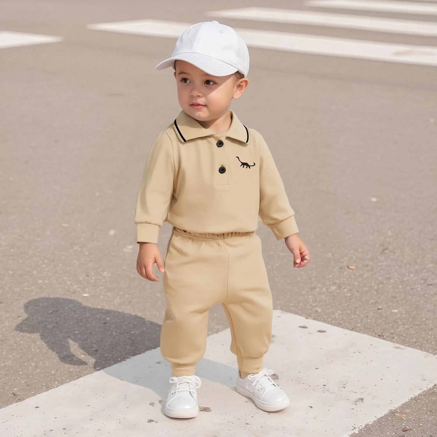 ست لباس پسرانه نوزادی Carolilly با طرح دایناسور، آستین بلند، یقه دکمه دار، رامپر + ست شلوار رنگ ثابت با کمر کشی، 2 تکه لباس نوزادی پسرانه