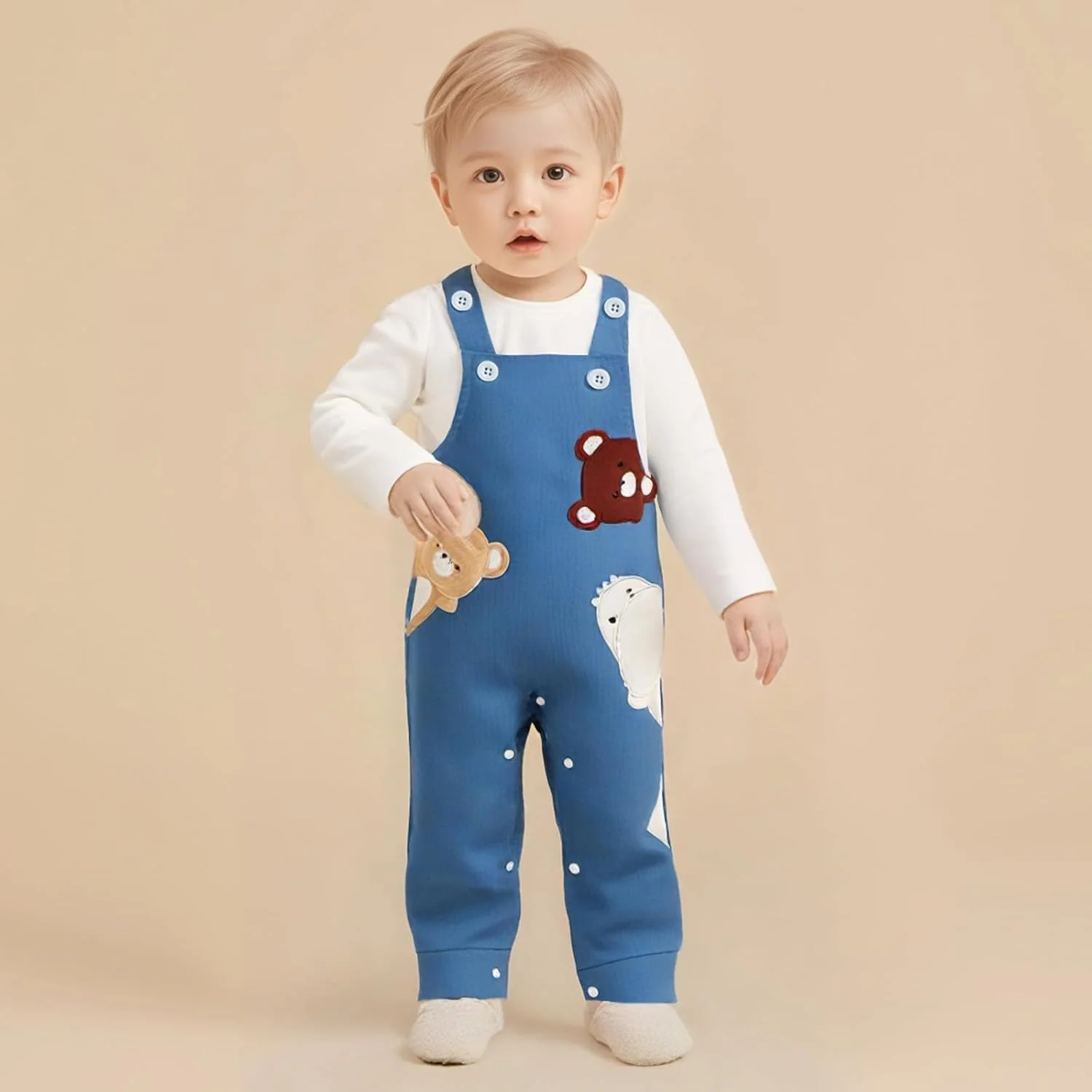 ست لباس نوزادی پسرانه Carolilly، تیشرت آستین بلند با طرح گلدوزی حیوانات و شلوار پیشبندی، لباس های 2 تکه مناسب کودکان نوپا