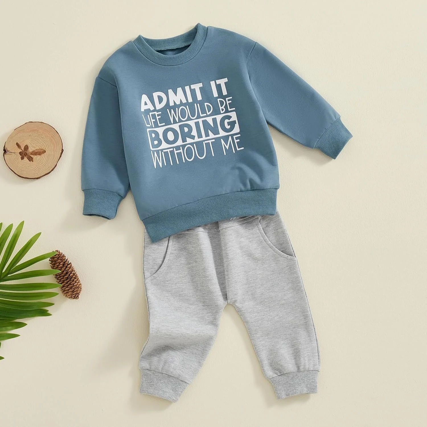 ست لباس پسرانه Carolilly، تی شرت آستین بلند با طرح حروف، یقه گرد، بلوز و شلوار یکدست، ست لباس 2 تکه