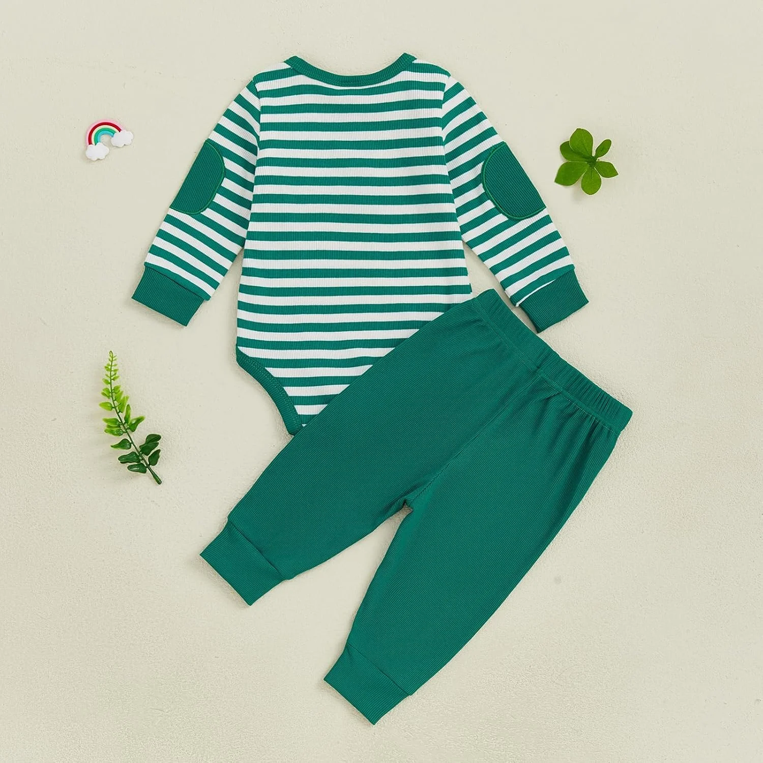 ست لباس نوزاد پسرانه Carolilly شامل رامپر آستین بلند دکمه دار راه راه + شلوار رنگ ثابت 2 تکه