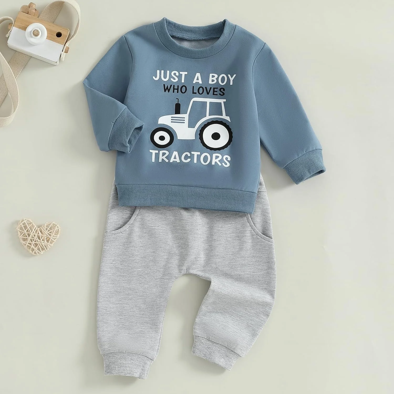 ست لباس پسرانه Carolilly، تیشرت آستین بلند با طرح کامیون مزرعه، بلوز و شلوار جیب دار، ست 2 تکه لباس پسرانه، ست لباس ورزشی پسرانه