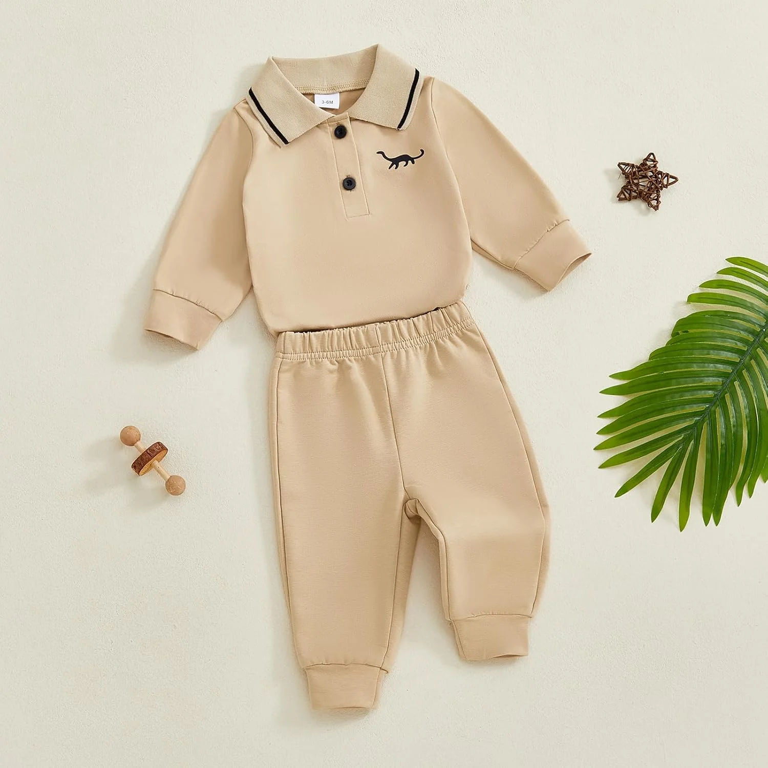 ست لباس پسرانه نوزادی Carolilly با طرح دایناسور، آستین بلند، یقه دکمه دار، رامپر + ست شلوار رنگ ثابت با کمر کشی، 2 تکه لباس نوزادی پسرانه