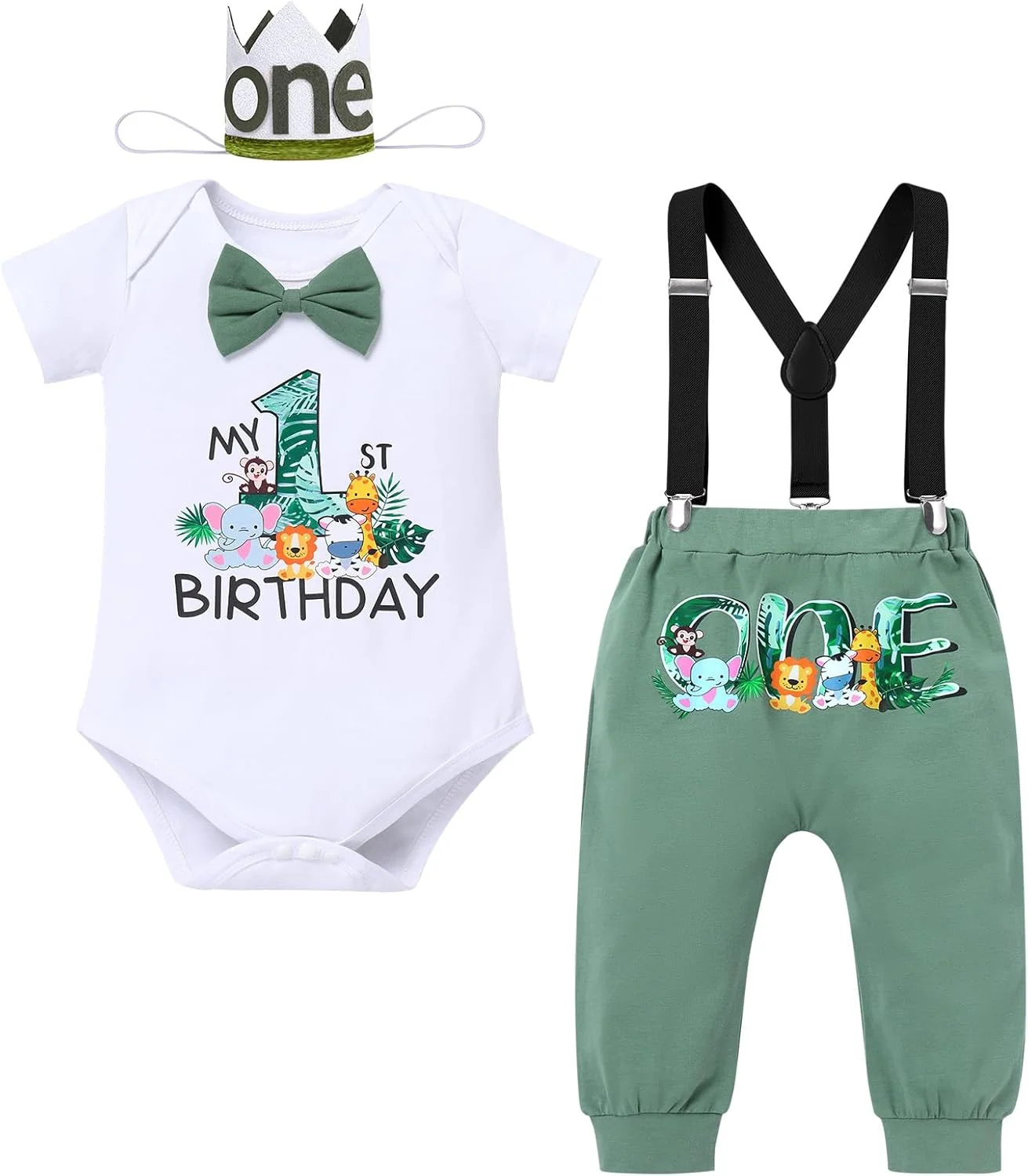 ست لباس 4 تکه پسرانه با طرح دایناسور و جنگل برای جشن تولد یک سالگی شامل رامپر، شلوار، بند شلوار و هدبند ست لباس 4 تکه پسرانه با طرح دایناسور و جنگل برای جشن تولد یک سالگی شامل رامپر، شلوار، بند شلوار و هدبند