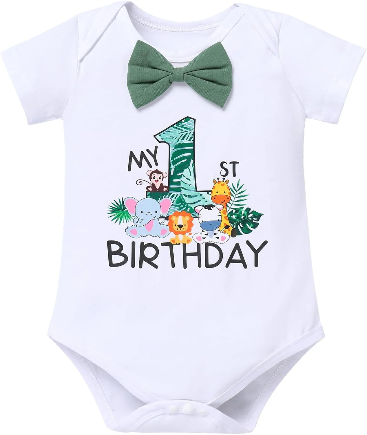 ست لباس 4 تکه پسرانه با طرح دایناسور و جنگل برای جشن تولد یک سالگی شامل رامپر، شلوار، بند شلوار و هدبند