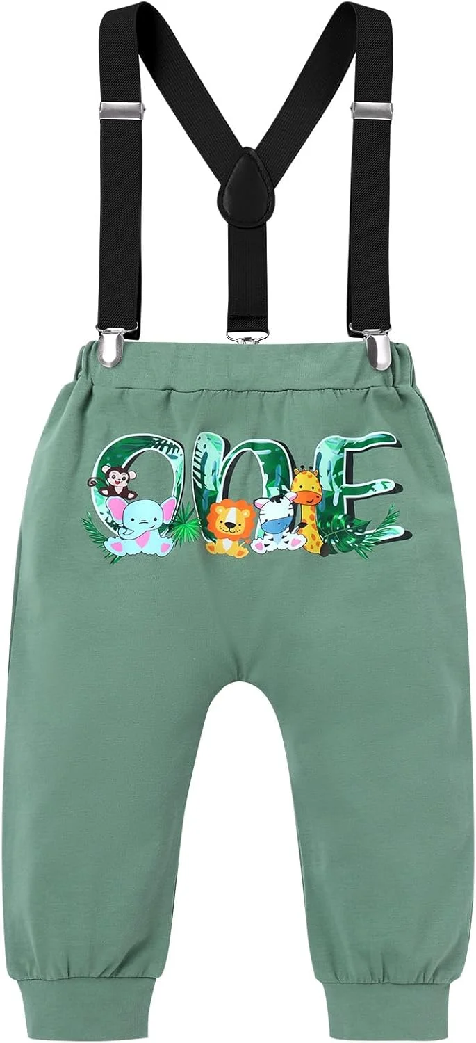 ست لباس 4 تکه پسرانه با طرح دایناسور و جنگل برای جشن تولد یک سالگی شامل رامپر، شلوار، بند شلوار و هدبند