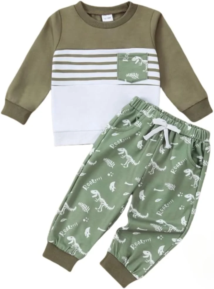 ست لباس پسرانه بچه گانه پاییزه و زمستانه، بلوز آستین بلند راه راه و شلوار طرح دایناسور، مناسب 12 ماه تا 4 سال ست لباس پسرانه بچه گانه پاییزه و زمستانه، بلوز آستین بلند راه راه و شلوار طرح دایناسور، مناسب 12 ماه تا 4 سال