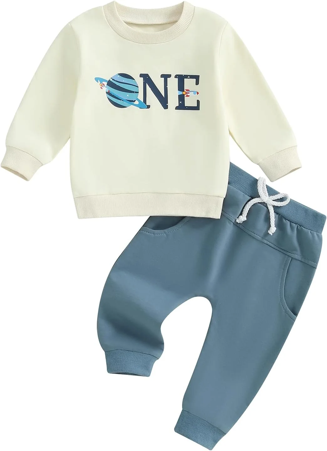 ست لباس پسرانه نوزادی طرح سیاره، بلوز آستین بلند + شلوار ساده، لباس کودک نوپا، ست نرم، 0-6 ماه