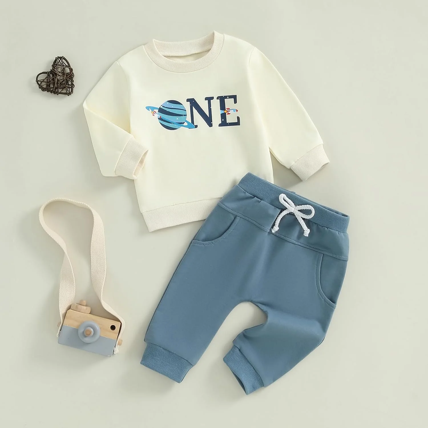ست لباس پسرانه نوزادی طرح سیاره، بلوز آستین بلند + شلوار ساده، لباس کودک نوپا، ست نرم، 0-6 ماه