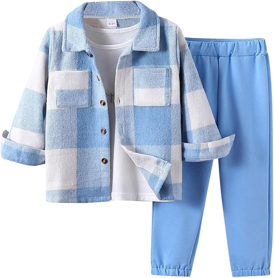 ست لباس پسرانه Ayzozuy شامل پیراهن چهارخانه و شلوار طرح دایناسور، مناسب فصل بهار و زمستان