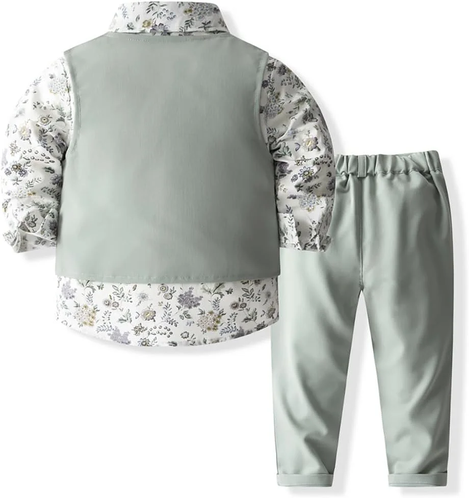 لباس پسرانه دو تکه ARTMINE، پیراهن سفید آستین بلند و شلوار ساسپندر با پاپیون