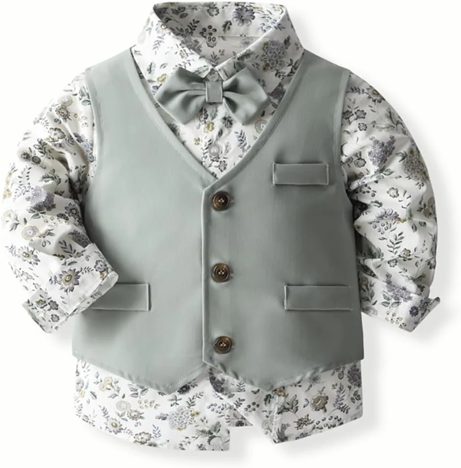 لباس پسرانه دو تکه ARTMINE، پیراهن سفید آستین بلند و شلوار ساسپندر با پاپیون