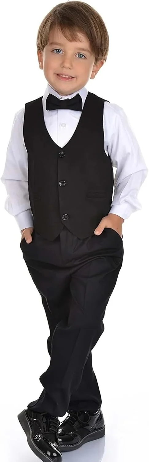 ست لباس پسرانه 4 تکه شامل پیراهن آستین بلند + شلوار + جلیقه + پاپیون، مناسب کودکان، مدل جنتلمن، مناسب جشن، تعمید و عروسی