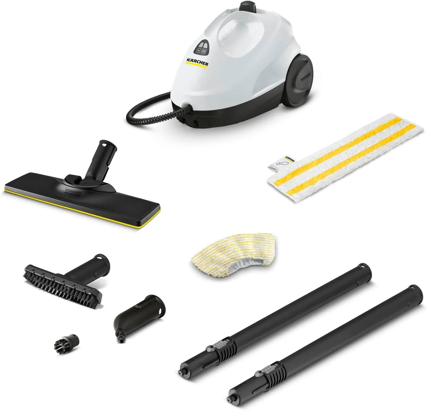 بخارشوی کارچر SC 2 EasyFix، فشار بخار: 3.2 بار، زمان گرم شدن: 6.5 دقیقه، توان: 1500 وات، قدرت سطح: 75 متر مربع، مخزن: 1 لیتر، با کیت تمیز کننده کف EasyFix، نازل ها و روکش میکروفایبر