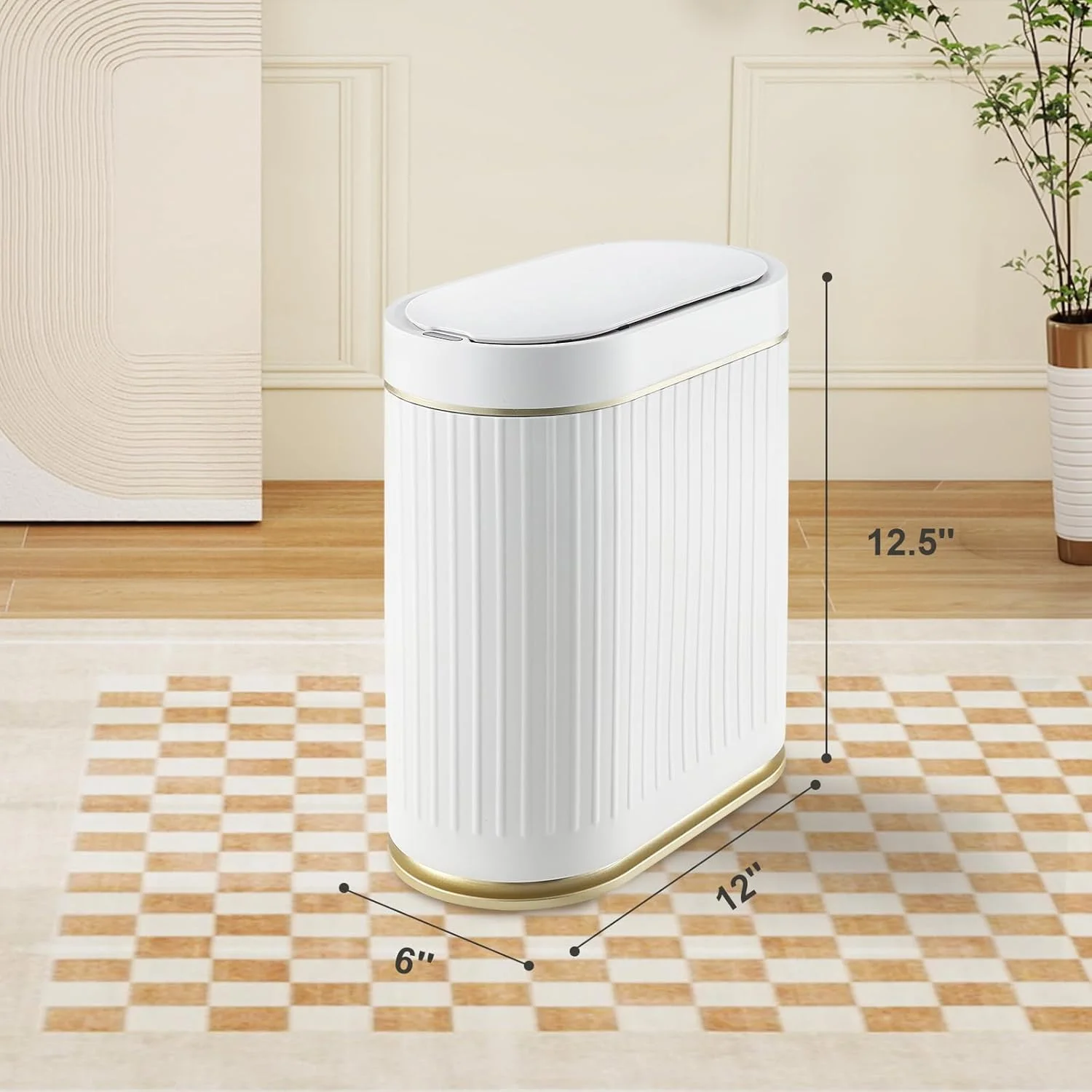 سطل زباله هوشمند پلاستیکی ELPHECO مناسب حمام، آشپزخانه و اتاق خواب با ظرفیت 7.5 لیتر، ضد آب و دارای درب اتوماتیک - سفید طلایی