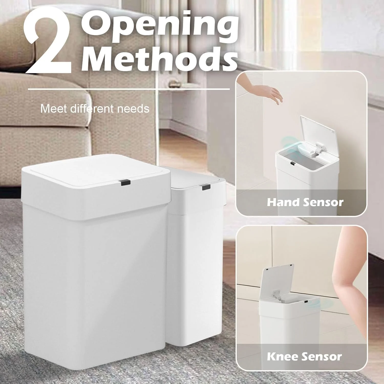 سطل زباله درب دار الپکو، بسته 2 عددی سطل زباله اتوماتیک، سطل زباله هوشمند سنسور حرکتی 9.5 لیتری + 15 لیتری، سطل زباله باریک ضد آب برای اتاق خواب، دفتر، اتاق نشیمن (سفید)