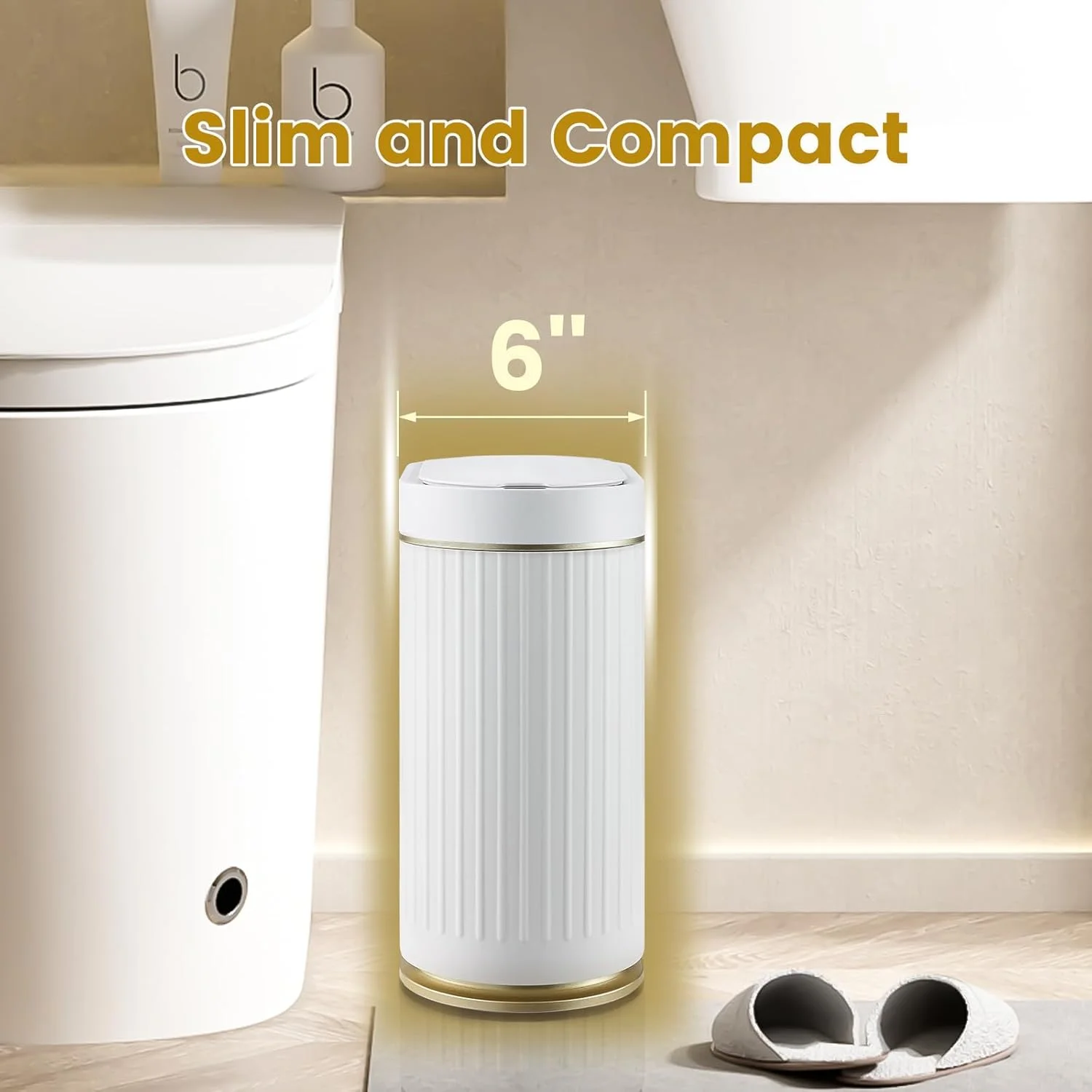 سطل زباله هوشمند پلاستیکی ELPHECO مناسب حمام، آشپزخانه و اتاق خواب با ظرفیت 7.5 لیتر، ضد آب و دارای درب اتوماتیک - سفید طلایی