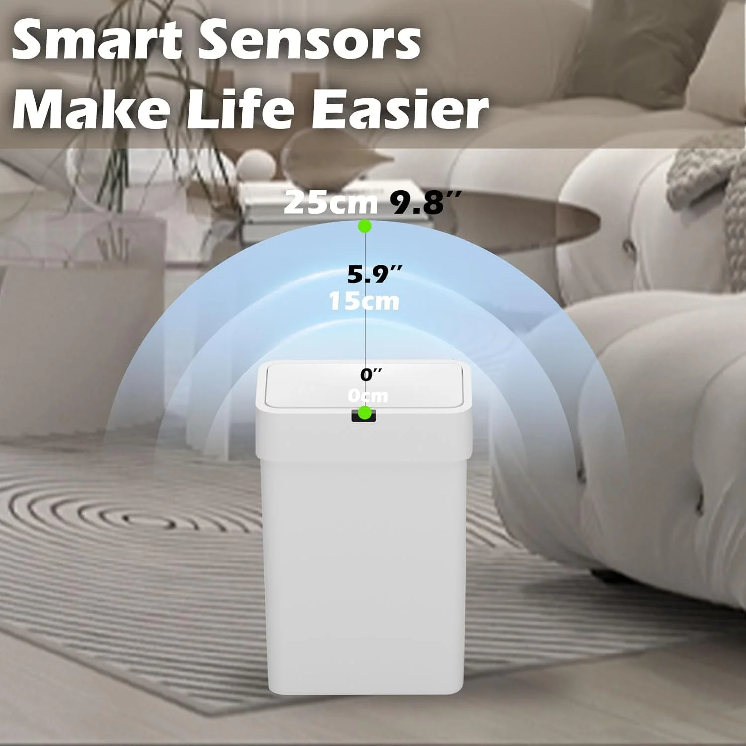 سطل زباله درب دار الپکو، بسته 2 عددی سطل زباله اتوماتیک، سطل زباله هوشمند سنسور حرکتی 9.5 لیتری + 15 لیتری، سطل زباله باریک ضد آب برای اتاق خواب، دفتر، اتاق نشیمن (سفید)