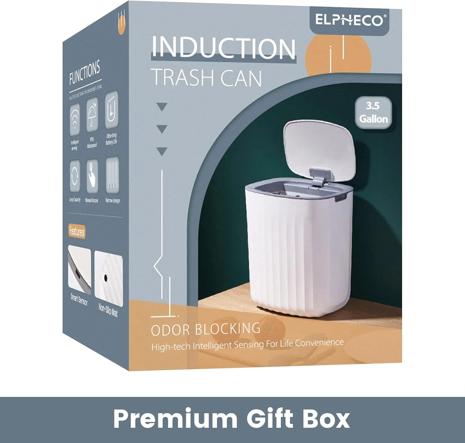 سطل زباله 13 لیتری سنسوردار ELPHECO، ضد آب، مناسب اتاق خواب، سطل آشغال اتوماتیک با درب برای حمام، اتاق نشیمن، دفتر کار، خاکستری