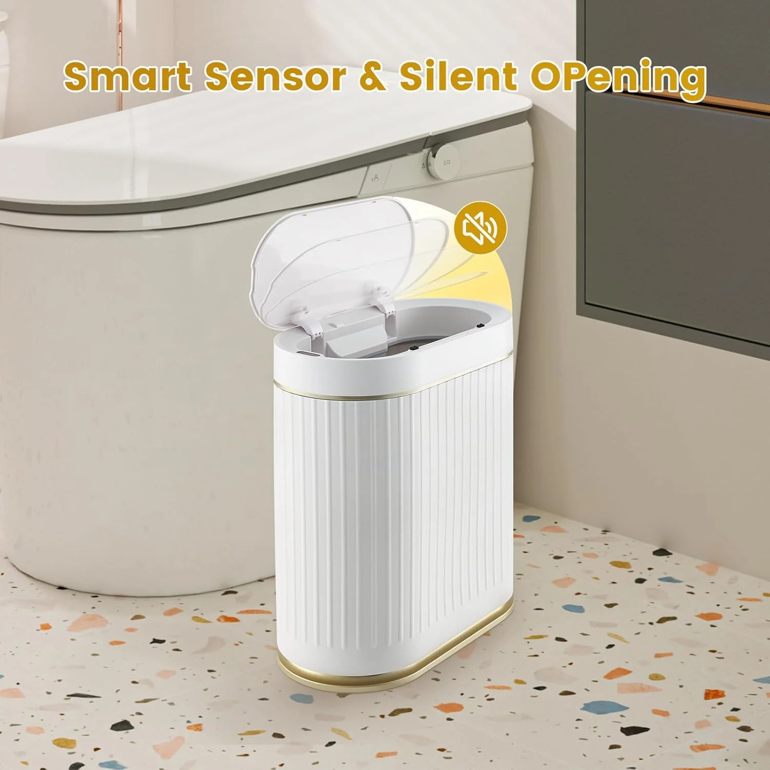 سطل زباله هوشمند پلاستیکی ELPHECO مناسب حمام، آشپزخانه و اتاق خواب با ظرفیت 7.5 لیتر، ضد آب و دارای درب اتوماتیک - سفید طلایی