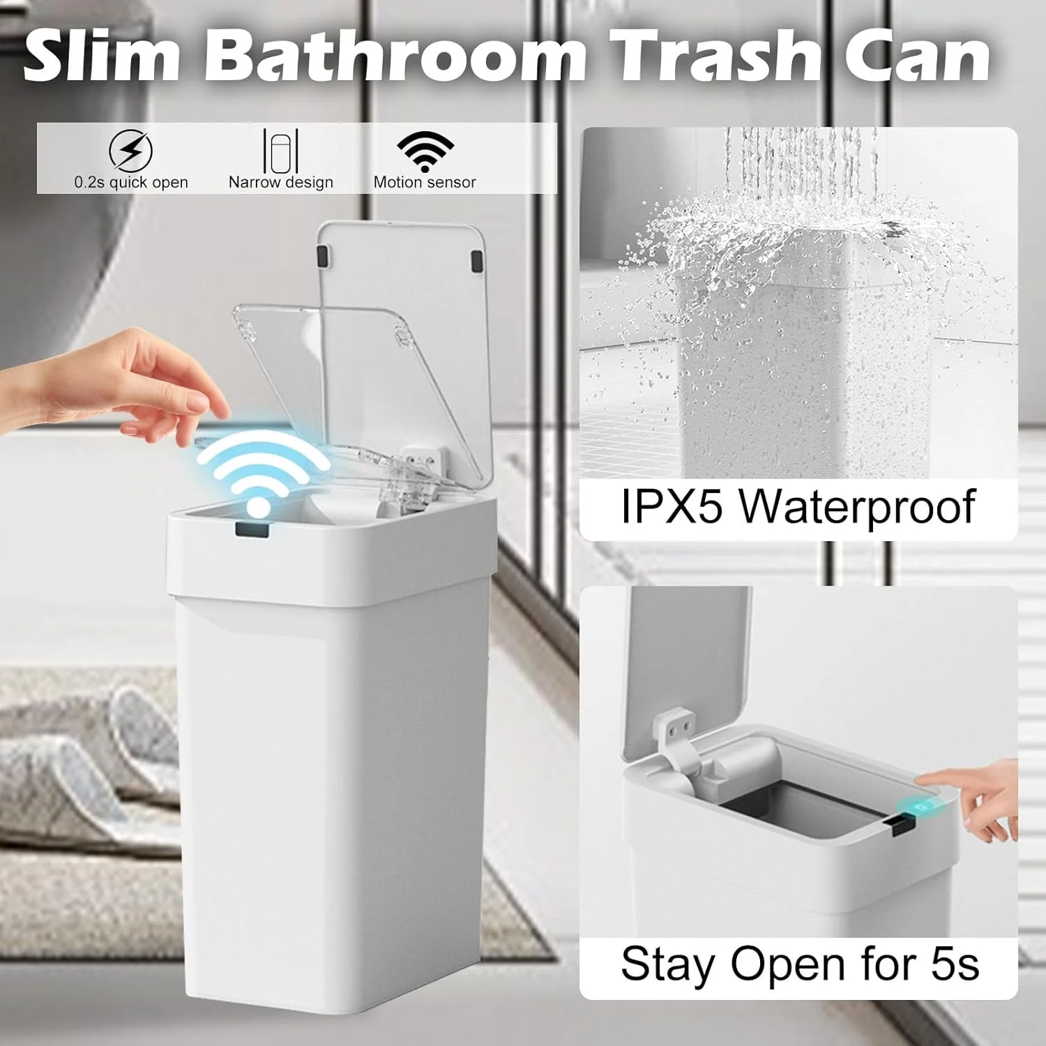 سطل زباله درب دار الپکو، بسته 2 عددی سطل زباله اتوماتیک، سطل زباله هوشمند سنسور حرکتی 9.5 لیتری + 15 لیتری، سطل زباله باریک ضد آب برای اتاق خواب، دفتر، اتاق نشیمن (سفید)