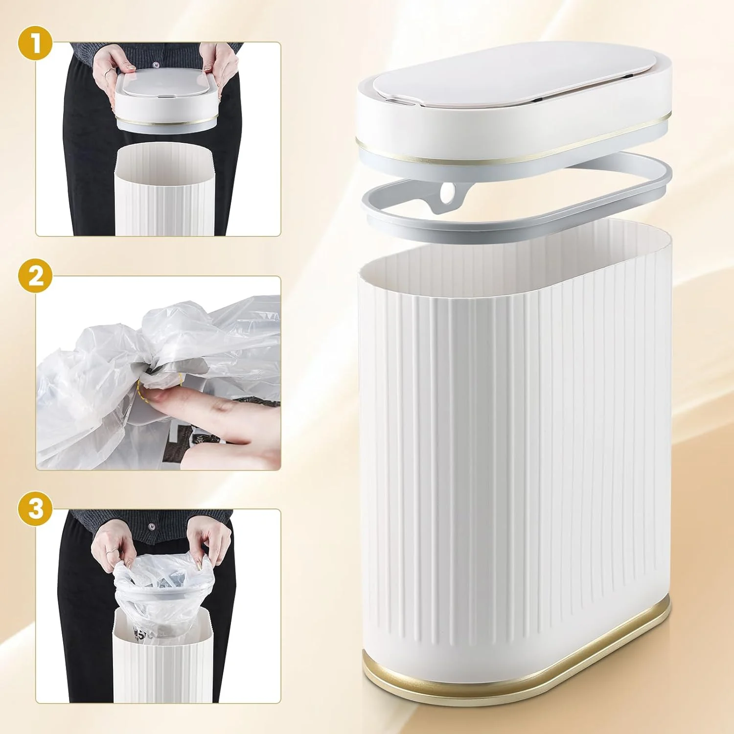 سطل زباله هوشمند پلاستیکی ELPHECO مناسب حمام، آشپزخانه و اتاق خواب با ظرفیت 7.5 لیتر، ضد آب و دارای درب اتوماتیک - سفید طلایی