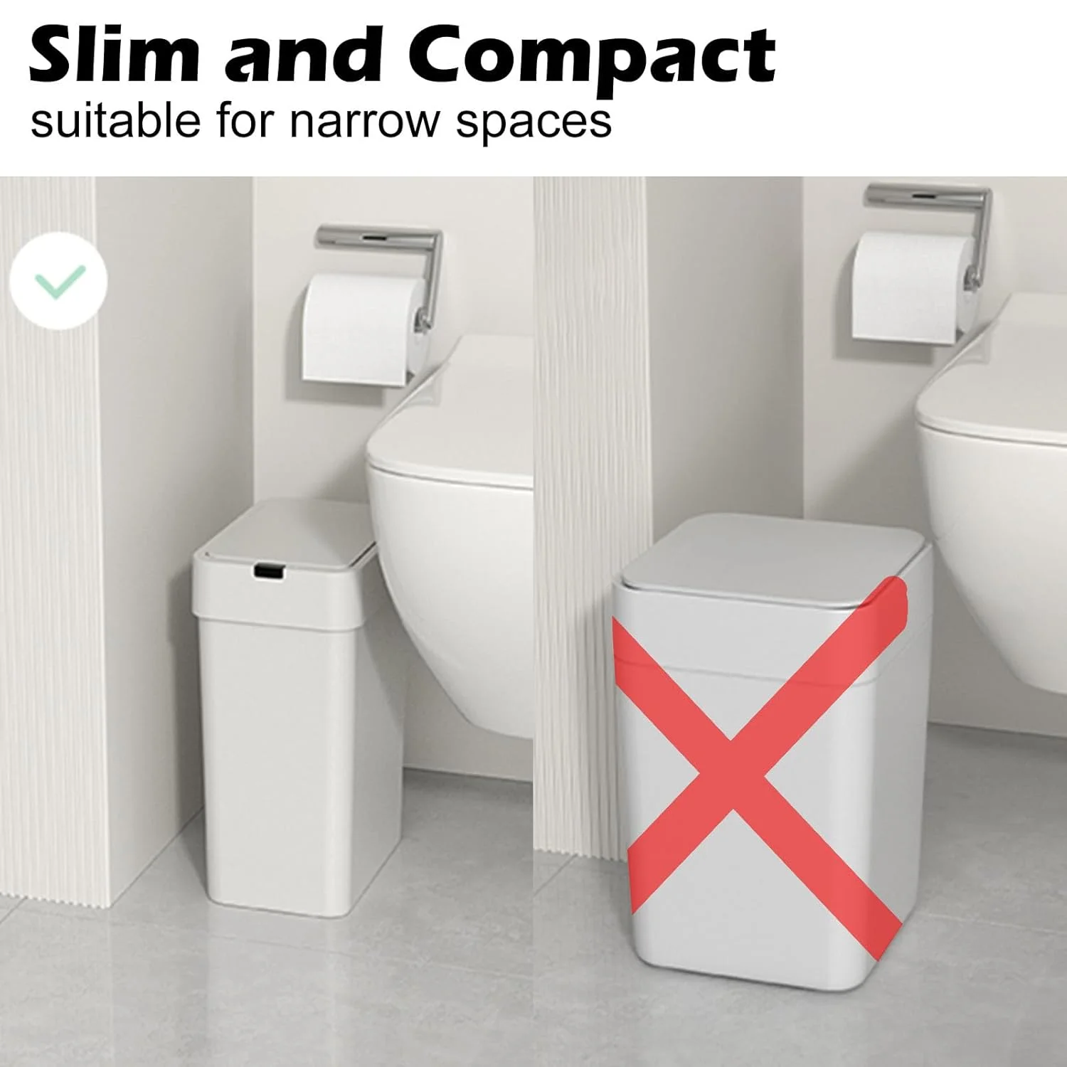 سطل زباله درب دار الپکو، بسته 2 عددی سطل زباله اتوماتیک، سطل زباله هوشمند سنسور حرکتی 9.5 لیتری + 15 لیتری، سطل زباله باریک ضد آب برای اتاق خواب، دفتر، اتاق نشیمن (سفید)